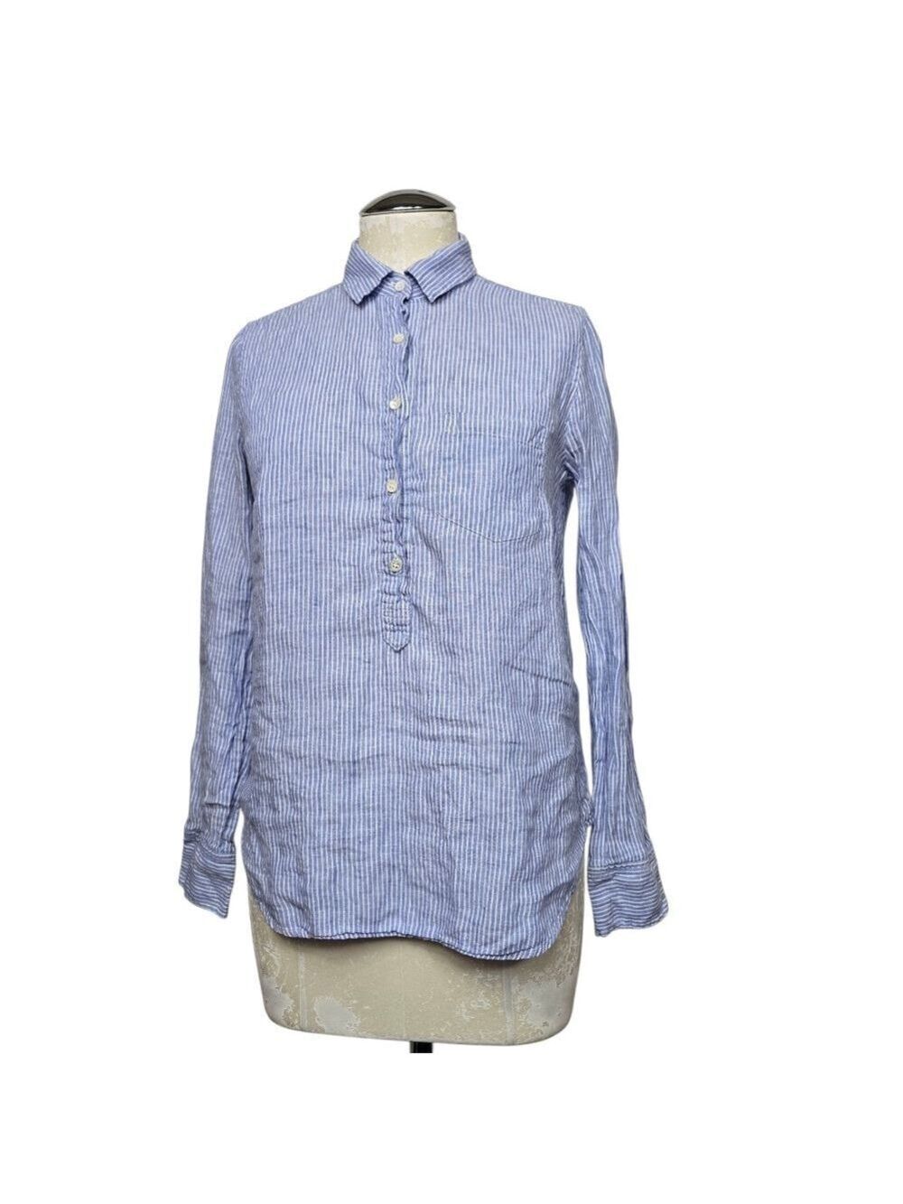 J. Crew Linen Striped Half Button Down Shirt Long Sleeve White Blue 0